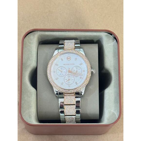 Michael Kors MK6827 Tibby White Chronograph Glitz Dial Two Tone  Women's Watch - Picture 1 of 5